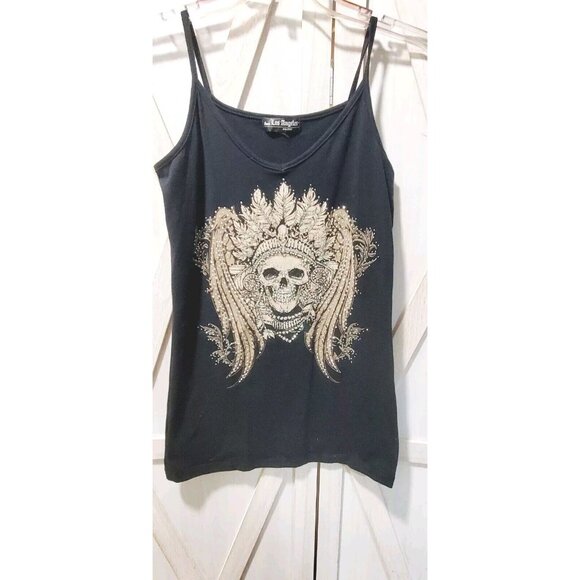 Los Angeles Bus Stop Sz M Tank Top Black Skull Bling Sleeveless - Picture 1 of 4